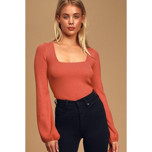 Lulus Tops - Lulu’s Keep 'Em Guessing Rusty Rose Ribbed Balloon Sleeve Sweater Top